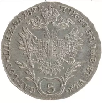 Монета 5 крейцеров Австрии 1821 года Серебро Франциск I