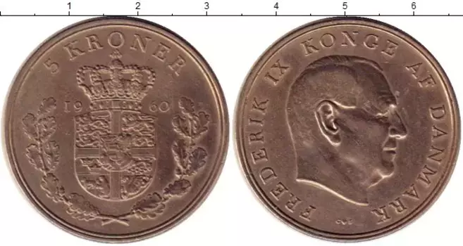 Монета 5 крон Дании 1960 года Медно-никель Фредерик IX