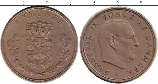 Монета 5 крон Дании 1960 года Медно-никель Фредерик IX
