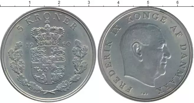 Монета 5 крон Дании 1960 года Медно-никель Фредерик IX