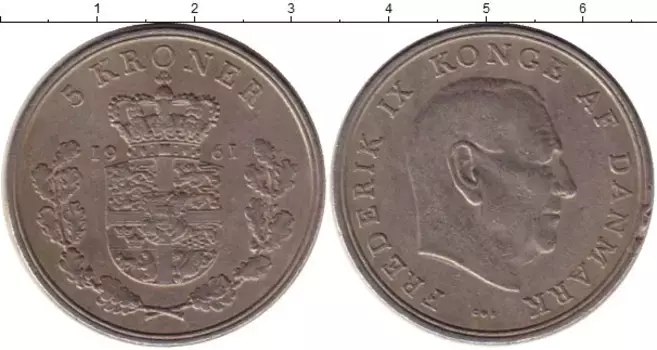 Монета 5 крон Дании 1961 года Медно-никель Фредерик IX