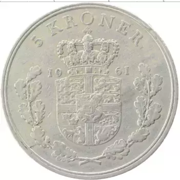 Монета 5 крон Дании 1961 года Медно-никель Фредерик IX