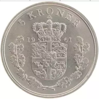 Монета 5 крон Дании 1961 года Медно-никель Фредерик IX
