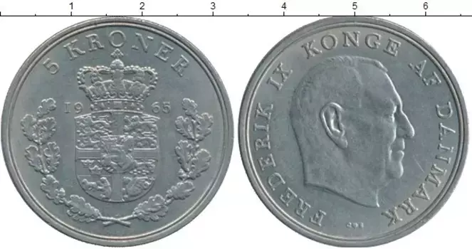 Монета 5 крон Дании 1965 года Медно-никель Фредерик IX