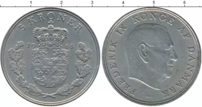 Монета 5 крон Дании 1968 года Медно-никель Фредерик IX