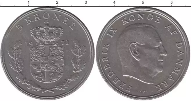 Монета 5 крон Дании 1971 года Медно-никель Фредерик IX