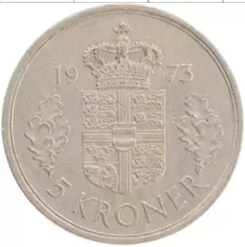 Монета 5 крон Дании 1973 года Медно-никель Маргрете II