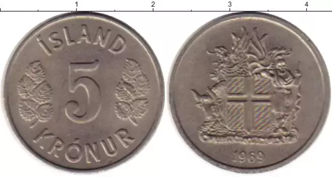 Монета 5 крон Исландии 1969 года Медно-никель