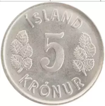 Монета 5 крон Исландии 1974 года Медно-никель Герб