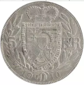 Монета 5 крон Лихтенштейна 1910 года Серебро Йохан II