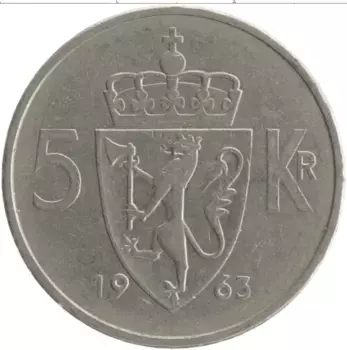 Монета 5 крон Норвегии 1963 года Медно-никель Олаф V