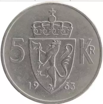 Монета 5 крон Норвегии 1963 года Медно-никель Улаф V