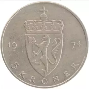 Монета 5 крон Норвегии 1974 года Медно-никель Улаф V