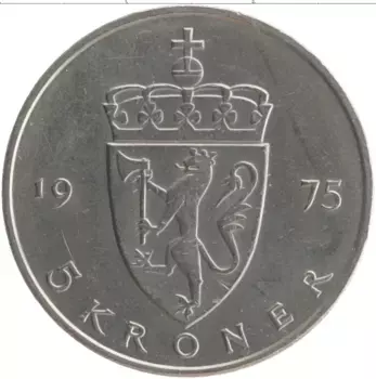 Монета 5 крон Норвегии 1975 года Медно-никель Улаф V