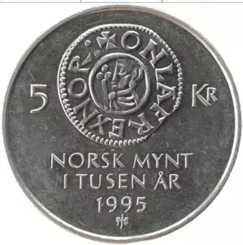 Монета 5 крон Норвегии 1995 года Медно-никель Харольд V