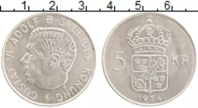 Монета 5 крон Швеции 1954 года Серебро Густав VI Адольф