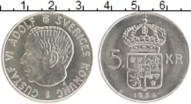 Монета 5 крон Швеции 1954 года Серебро Густав VI Адольф