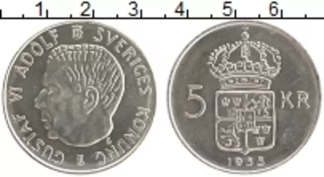 Монета 5 крон Швеции 1955 года Серебро Густав VI Адольф