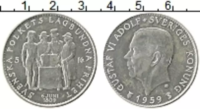 Монета 5 крон Швеции 1959 года Серебро 150 лет Конституции