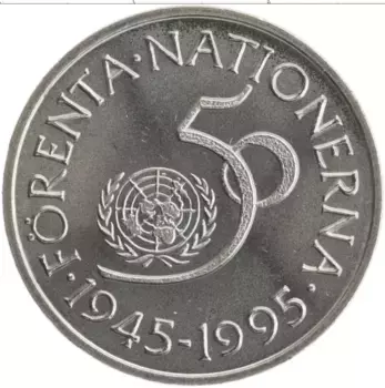 Монета 5 крон Швеции 1995 года Медно-никель 50-летие ООН