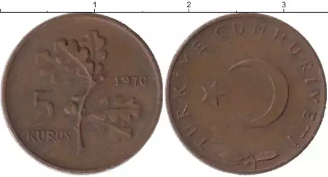 Монета 5 куруш Турции 1970 года Бронза Ветка дуба