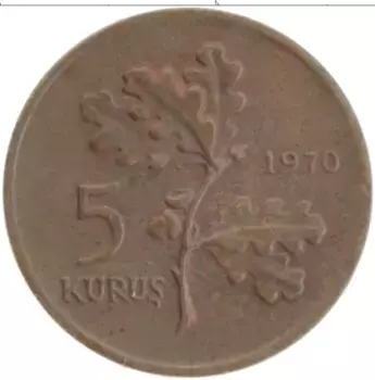 Монета 5 куруш Турции 1970 года Бронза ФАО