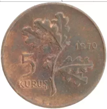 Монета 5 куруш Турции 1970 года Бронза