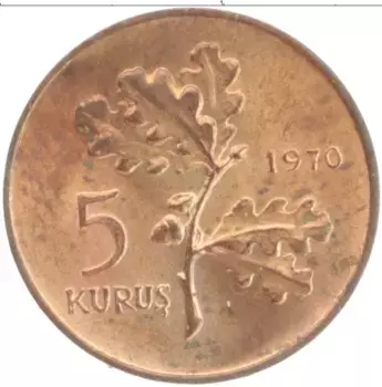 Монета 5 куруш Турции 1970 года Бронза