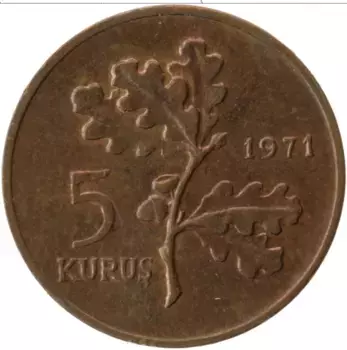Монета 5 куруш Турции 1971 года Бронза ФАО