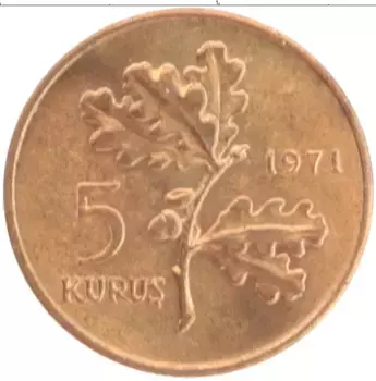 Монета 5 куруш Турции 1971 года Бронза