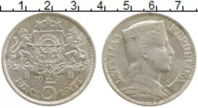 Монета 5 лат Латвии 1929 года Серебро