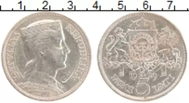 Монета 5 лат Латвии 1929 года Серебро