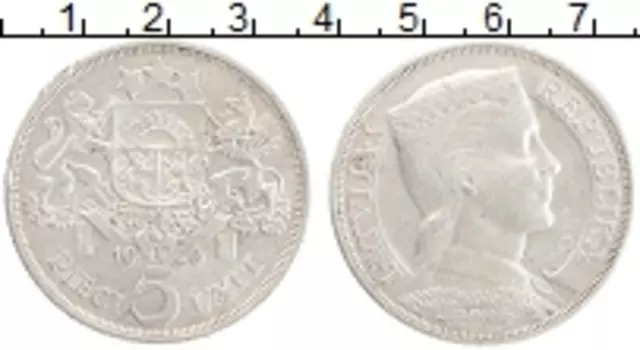 Монета 5 лат Латвии 1929 года Серебро