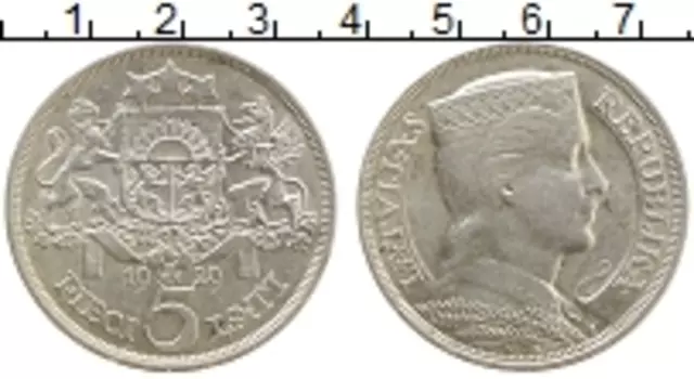 Монета 5 лат Латвии 1929 года Серебро