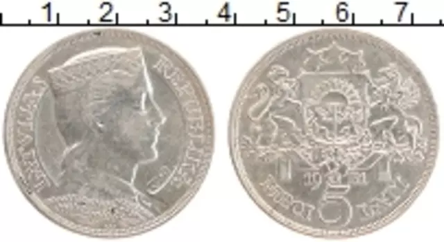 Монета 5 лат Латвии 1931 года Серебро