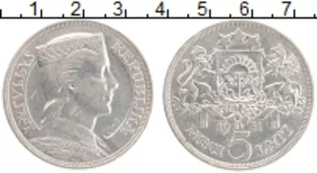 Монета 5 лат Латвии 1931 года Серебро