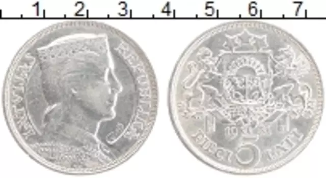 Монета 5 лат Латвии 1931 года Серебро