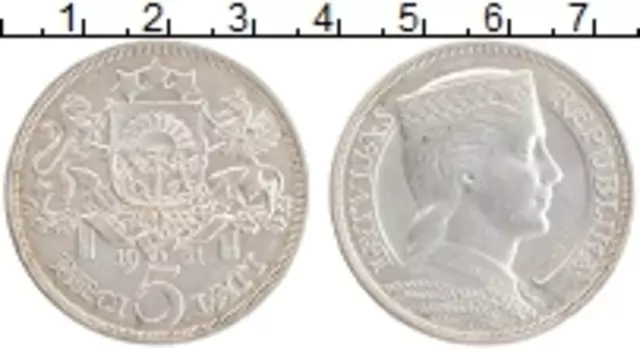 Монета 5 лат Латвии 1931 года Серебро