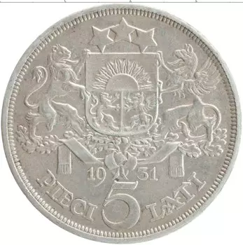 Монета 5 лат Латвии 1931 года Серебро