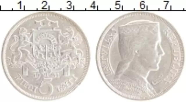 Монета 5 лат Латвии 1931 года Серебро Девушка в национальном костюме