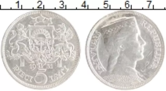 Монета 5 лат Латвии 1931 года Серебро Девушка в национальном костюме
