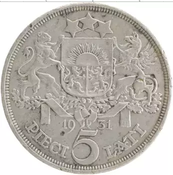 Монета 5 лат Латвии 1931 года Серебро Девушка в национальном костюме