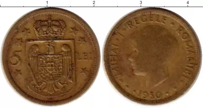 Монета 5 лей Румынии 1930 года Латунь Михай I