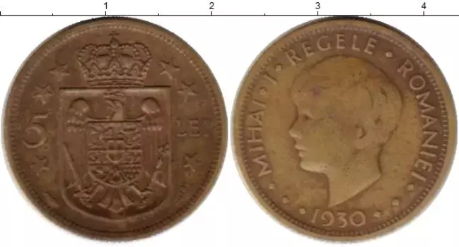 Монета 5 лей Румынии 1930 года Латунь Михай I