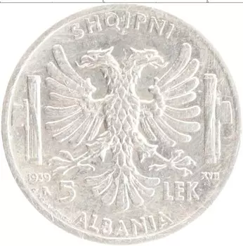Монета 5 лек Албании 1939 года Серебро Витторио Эммануил III