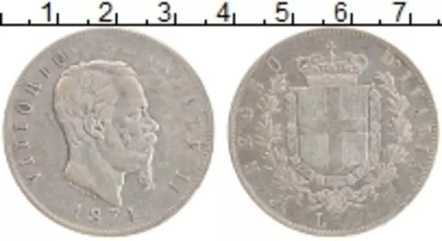 Монета 5 лир Италии 1874 года Серебро Виктор Эммануил II