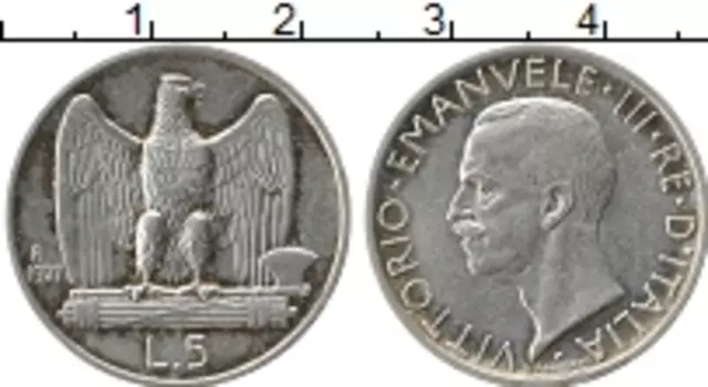 Монета 5 лир Италии 1927 года Серебро Виктор Эммануил III, орел