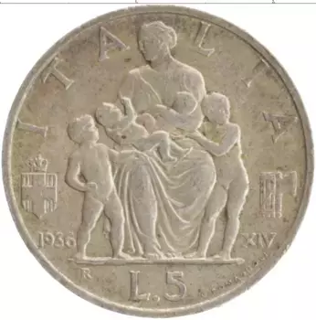 Монета 5 лир Италии 1936 года Серебро Витторио Эммануил III