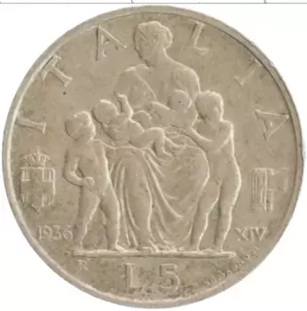 Монета 5 лир Италии 1936 года Серебро Витторио Эммануил III