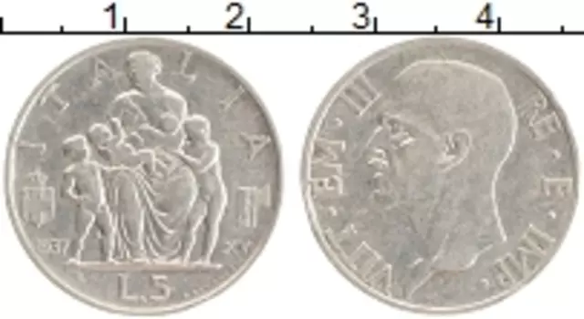 Монета 5 лир Италии 1937 года Серебро Витторио Эммануил III